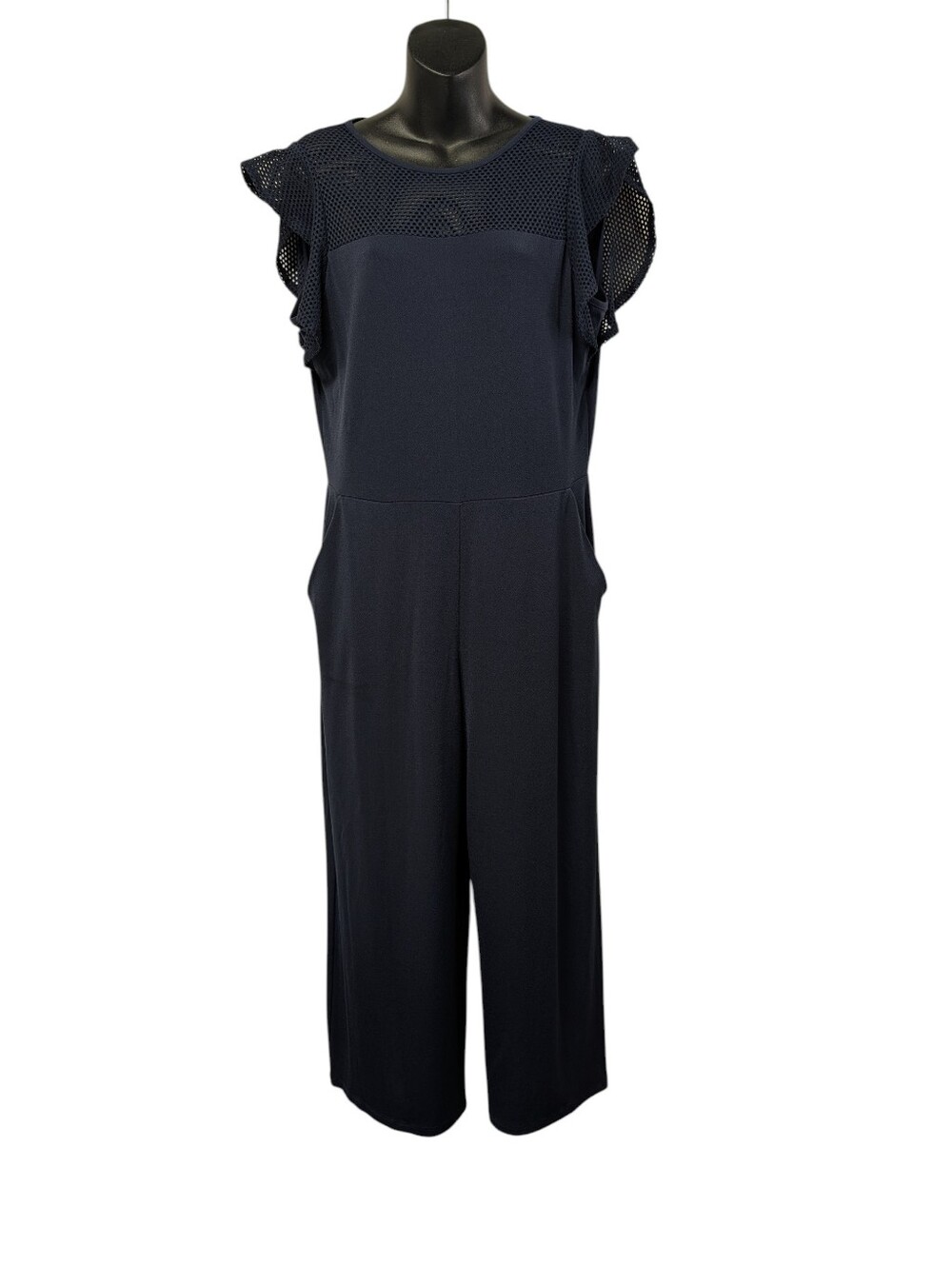 Michael Kors Navy Mesh Flutter Sleeve Wide Leg Jumpsuit Soft Stretch Size M